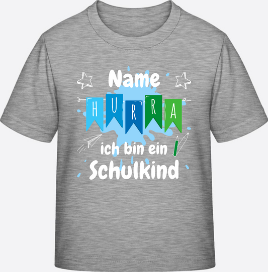 Schulkind T-Shirt: Hurra ich bin ein Schulkind mit Wunschnamen - Heather Grey