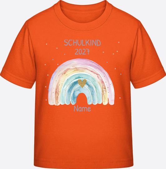 Schulkind T-Shirt mit Namen & Regenbogen – Einschulung - Orange