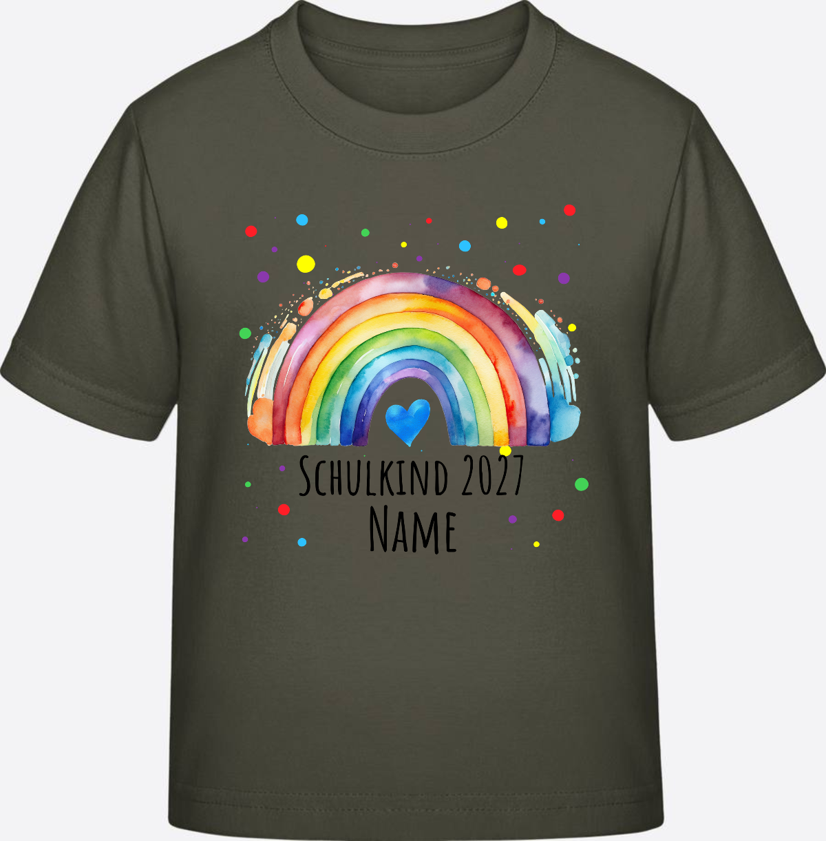 Schulkind T-Shirt Regenbogen personalisiert mit Name - Khaki