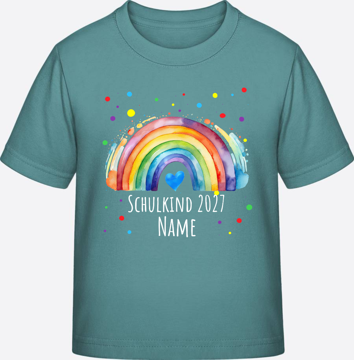 Schulkind T-Shirt Regenbogen personalisiert mit Name - Teal Monstera