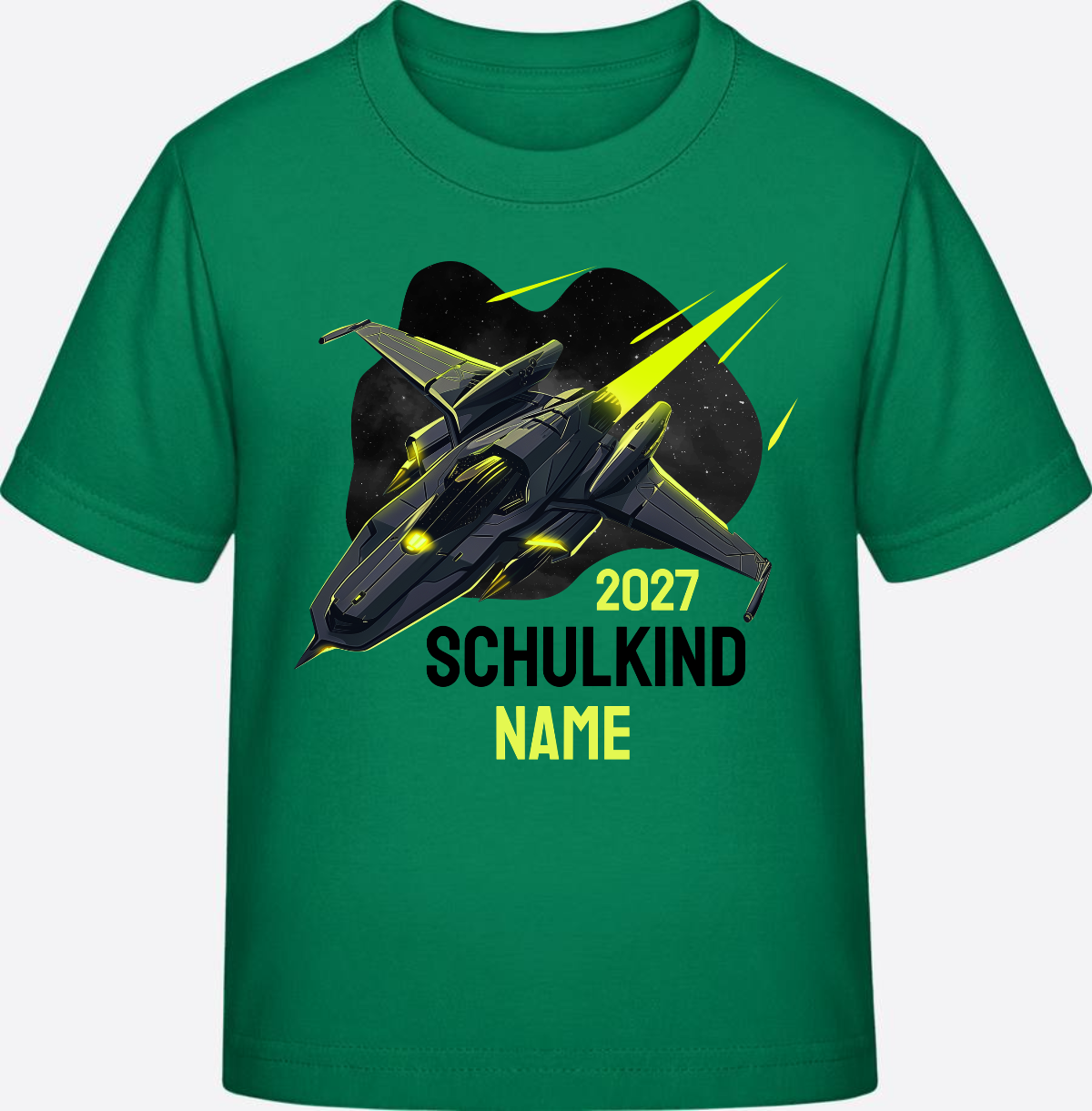Schulkind T-Shirt Spaceshuttle – Personalisiert mit Name - Kelly Green