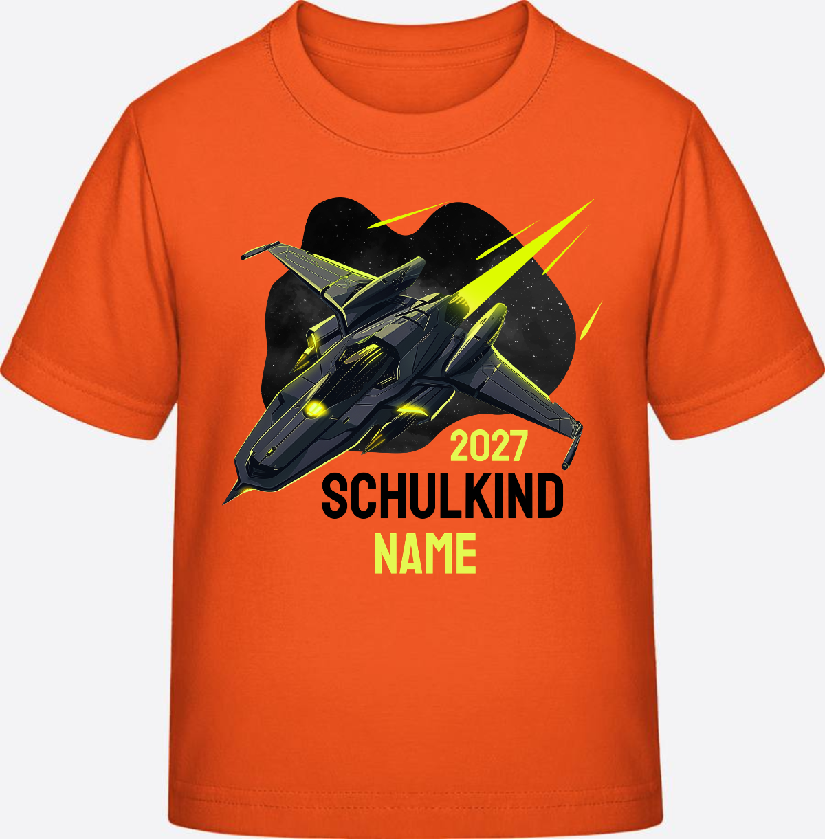 Schulkind T-Shirt Spaceshuttle – Personalisiert mit Name - Orange
