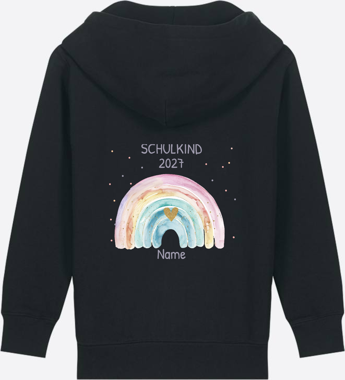 Schulkind Zip-Hoodie personalisiert mit Name & Regenbogen - Black