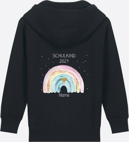 Schulkind Zip-Hoodie personalisiert mit Name & Regenbogen - Black