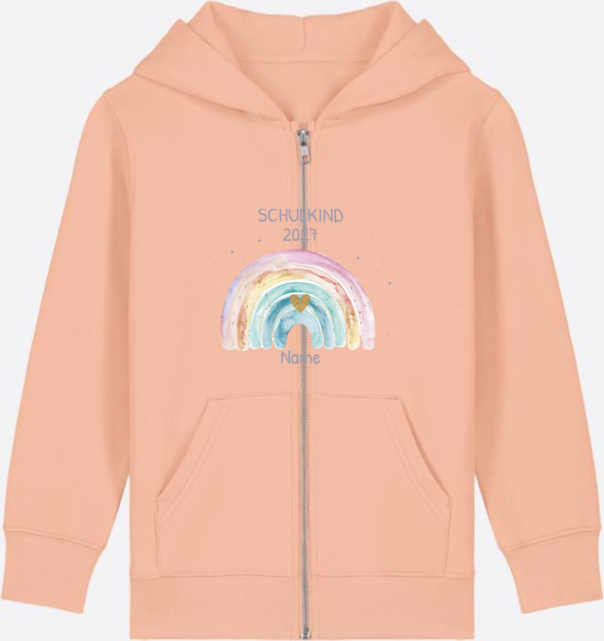 Schulkind Zip-Hoodie personalisiert mit Name & Regenbogen - Fraiche Peche Herzseite