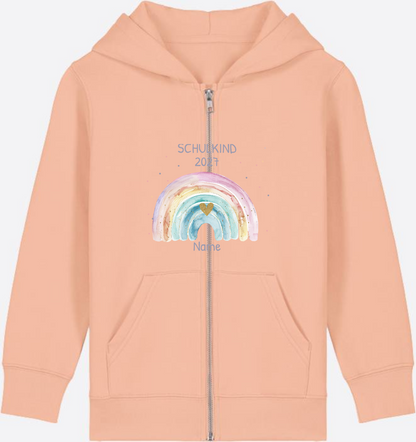 Schulkind Zip-Hoodie personalisiert mit Name & Regenbogen - Fraiche Peche Herzseite