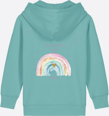Schulkind Zip-Hoodie personalisiert mit Name & Regenbogen - Teal Monstera