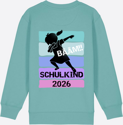 Sweatshirt Einschulung 2026 Mädchen: Bääm!! Schulkind - Teal Monstera