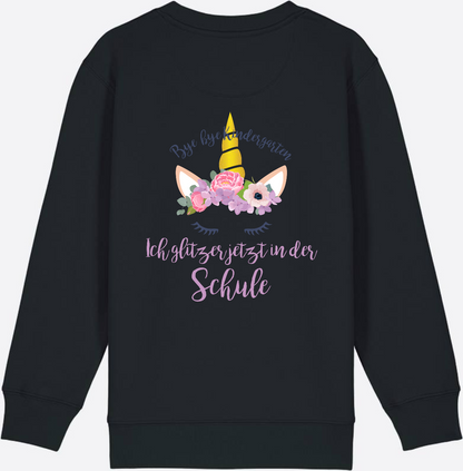 Sweatshirt Einschulung – Bye Bye Kindergarten Glitzer & Blumen - Black