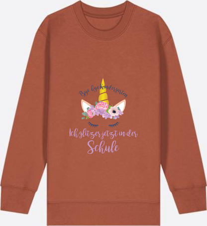 Sweatshirt Einschulung – Bye Bye Kindergarten Glitzer & Blumen - Heritage Brown Herzseite
