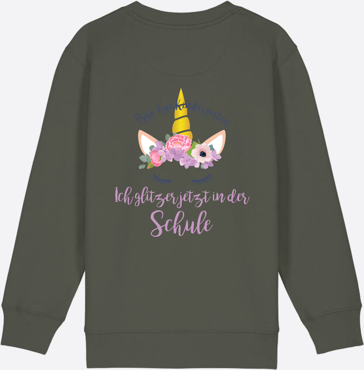 Sweatshirt Einschulung – Bye Bye Kindergarten Glitzer & Blumen - Khaki