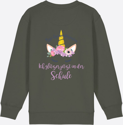 Sweatshirt Einschulung – Bye Bye Kindergarten Glitzer & Blumen - Khaki