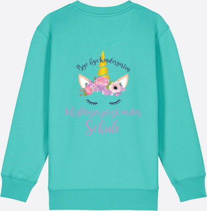 Sweatshirt Einschulung – Bye Bye Kindergarten Glitzer & Blumen - Pool Blue