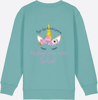 Sweatshirt Einschulung – Bye Bye Kindergarten Glitzer & Blumen - Teal Monstera
