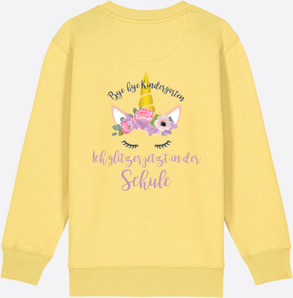 Sweatshirt Einschulung – Bye Bye Kindergarten Glitzer & Blumen - Viva Yellow