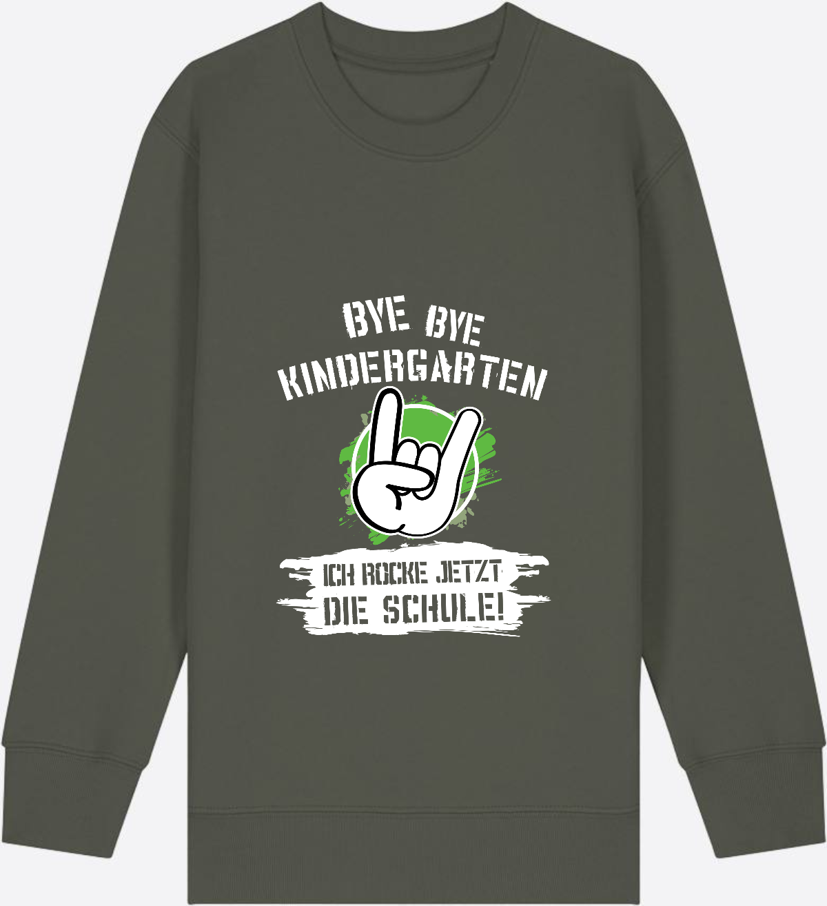 Sweatshirt Einschulung: Bye Bye Kindergarten, ich rocke die Schule - Khaki Herzseite