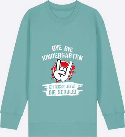 Sweatshirt Einschulung: Bye Bye Kindergarten Ich rocke die Schule - Teal Monstera Herzseite