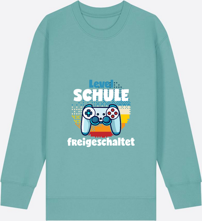 Sweatshirt Level Schule freigeschaltet – Geschenk Einschulung - Teal Monstera Herzseite