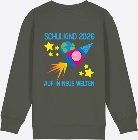 Sweatshirt Schulkind 2026 – Auf in neue Welten mit Name - Khaki