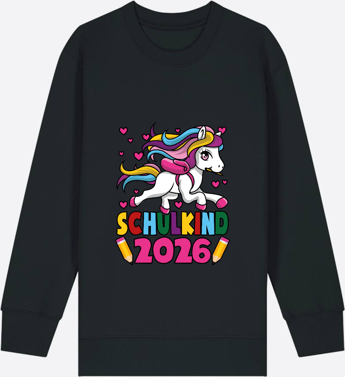 Sweatshirt Schulkind 2026 Einhorn – Personalisiert mit Name - Black Herzseite