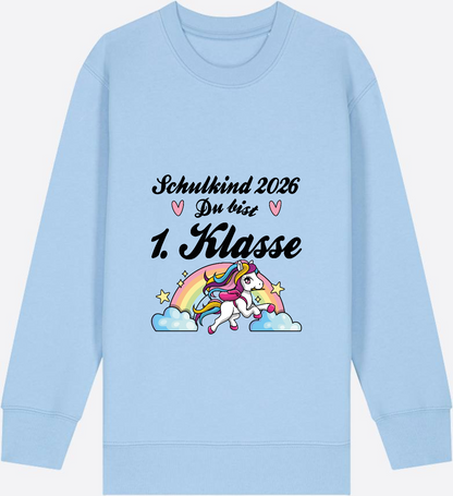 Sweatshirt Schulkind 2026 Pferd - Erstklassig mit Name - Blue Soul Herzseite