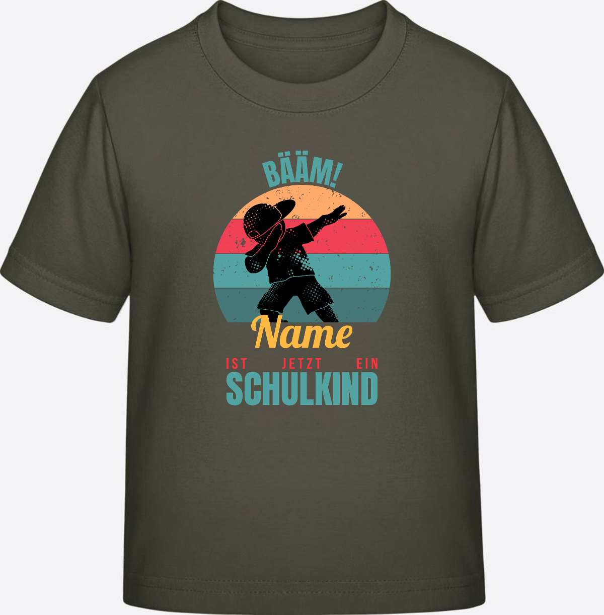 T-Shirt BÄÄM Schulkind mit Name – Geschenk zur Einschulung - Khaki