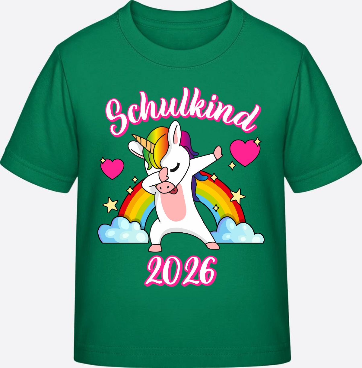 T-Shirt Einschulung 2025 – Schulkind Dabbing Einhorn Regenbogen - Kelly Green