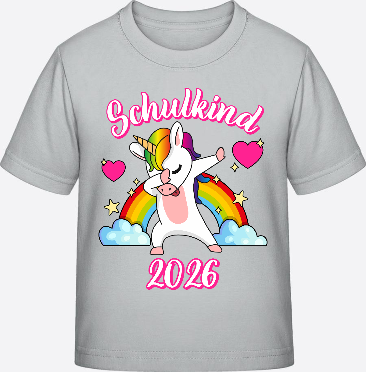 T-Shirt Einschulung 2025 – Schulkind Dabbing Einhorn Regenbogen - Pacific Grey