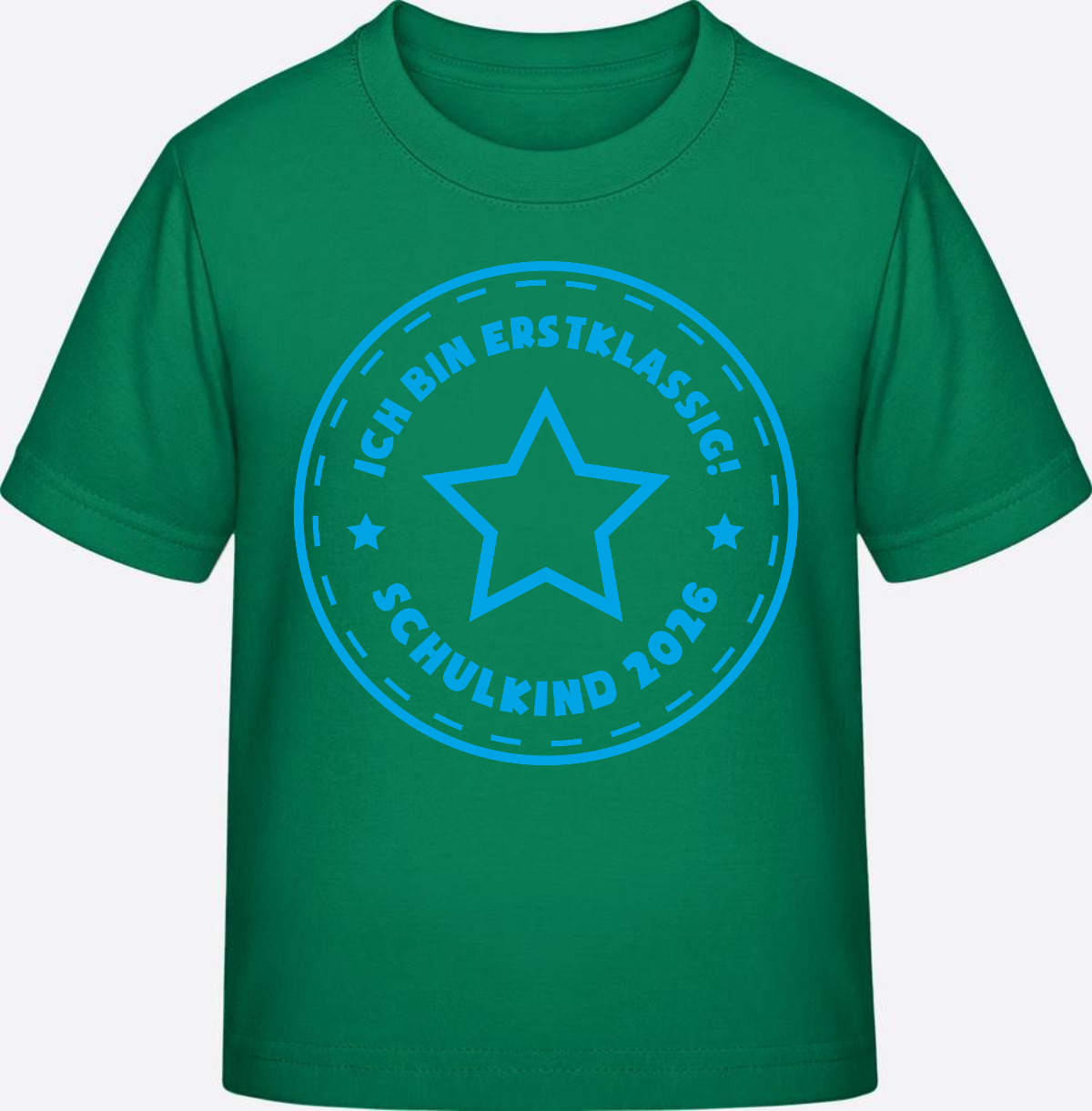 T-Shirt Einschulung 2025: Schulkind Erstklassig Stern Hellblau - Kelly Green