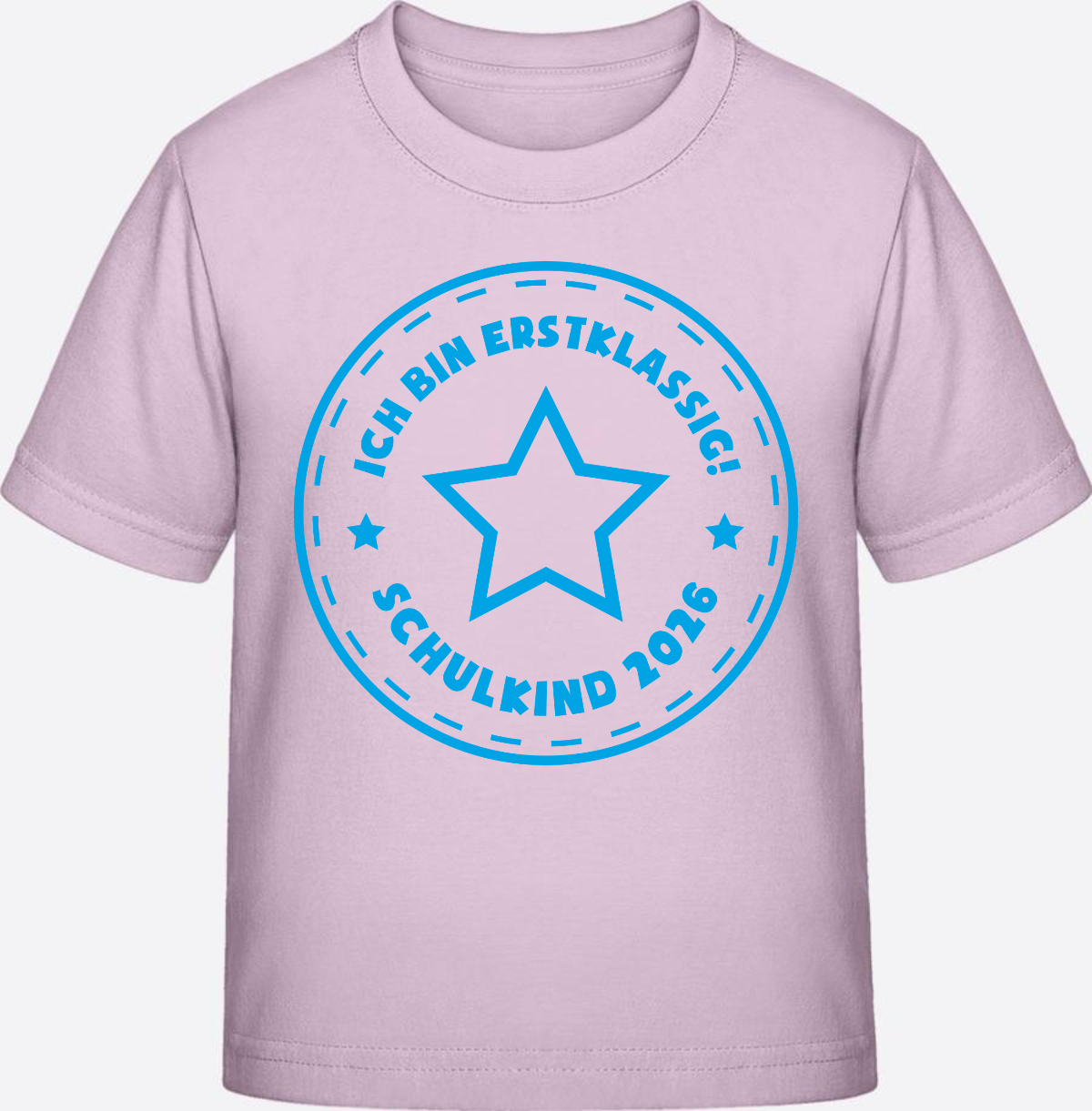 T-Shirt Einschulung 2025: Schulkind Erstklassig Stern Hellblau - Pink Sixties