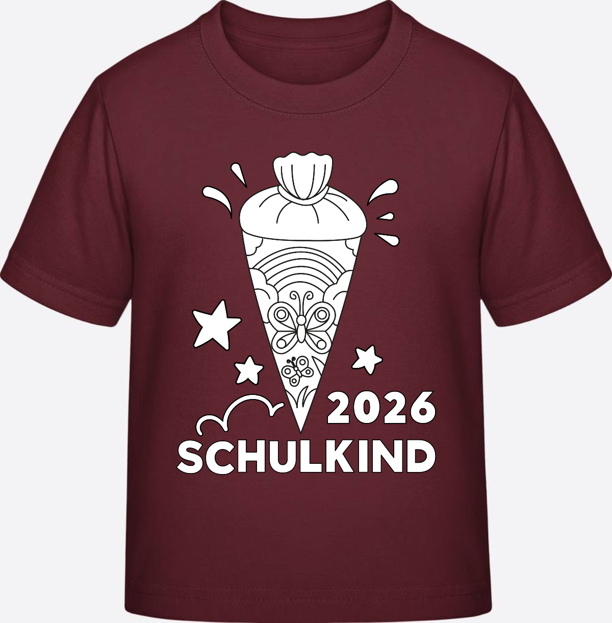 T-Shirt Einschulung 2026 – Regenbogen Schultüte zum Ausmalen - Burgundy