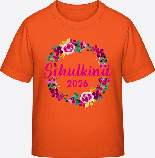 T-Shirt Einschulung 2026 – Schulkind Blumenkranz mit Name - Orange