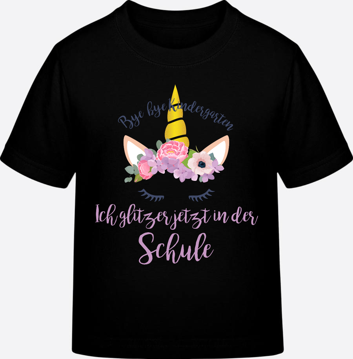 T-Shirt Einschulung Blumen: Bye Bye Kindergarten, ich glitzer! - Black