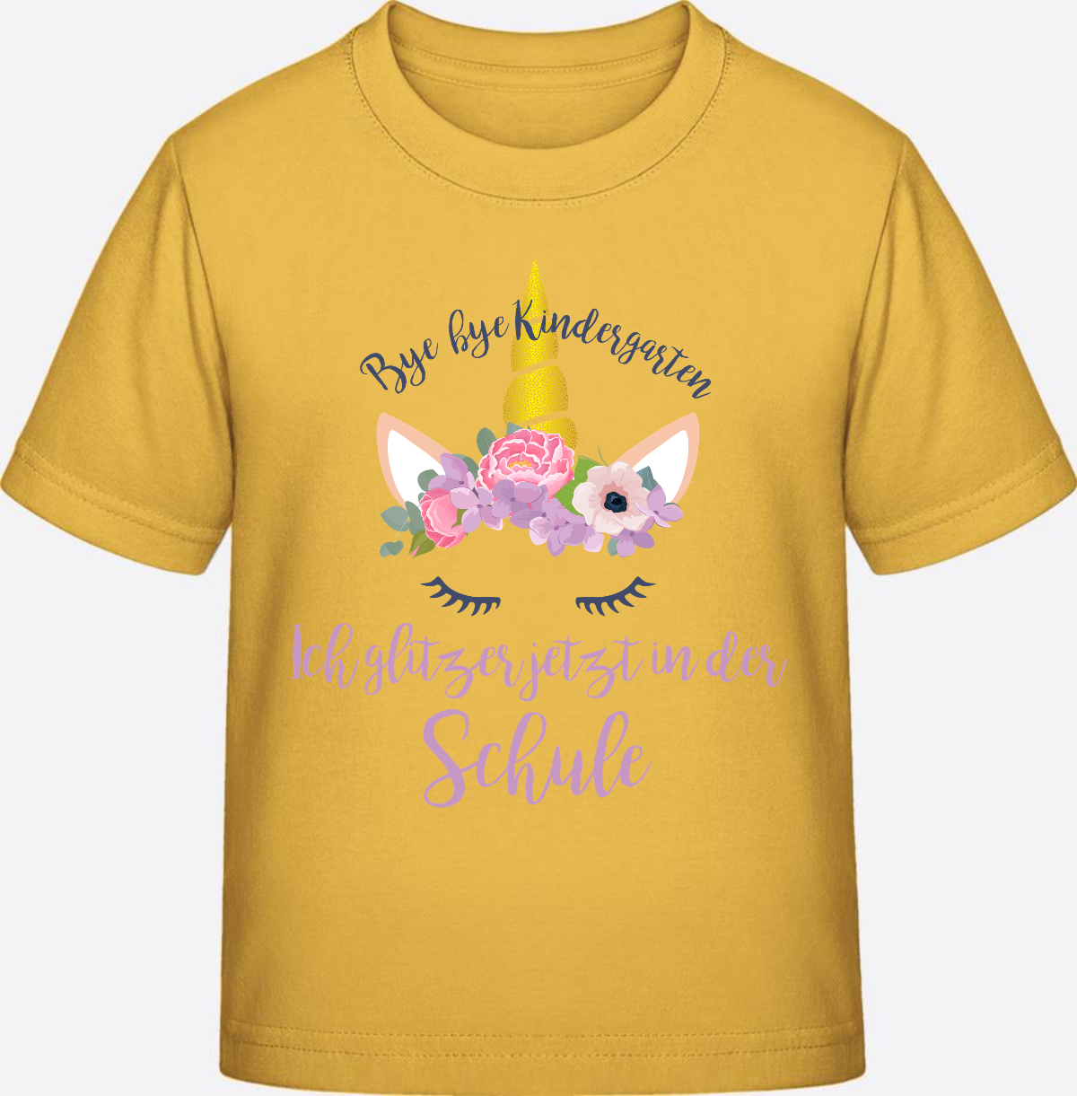 T-Shirt Einschulung Blumen: Bye Bye Kindergarten, ich glitzer! - Gold