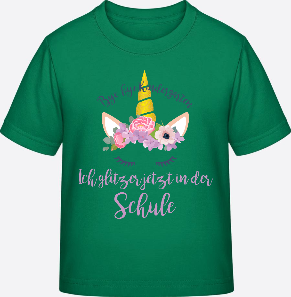 T-Shirt Einschulung Blumen: Bye Bye Kindergarten, ich glitzer! - Kelly Green