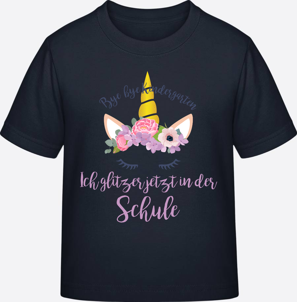 T-Shirt Einschulung Blumen: Bye Bye Kindergarten, ich glitzer! - Navy