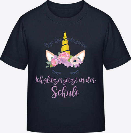 T-Shirt Einschulung Blumen: Bye Bye Kindergarten, ich glitzer! - Navy