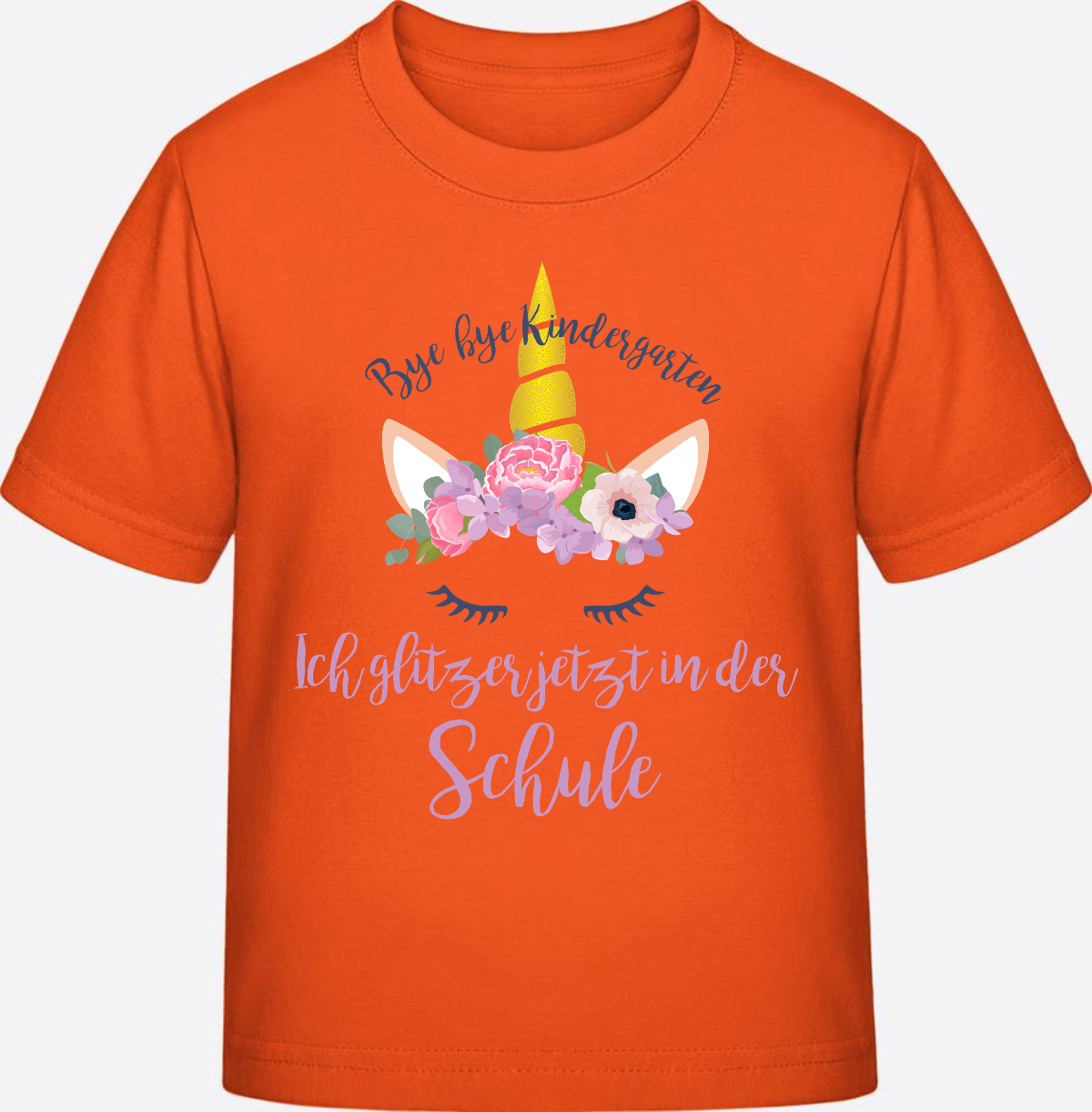 T-Shirt Einschulung Blumen: Bye Bye Kindergarten, ich glitzer! - Orange