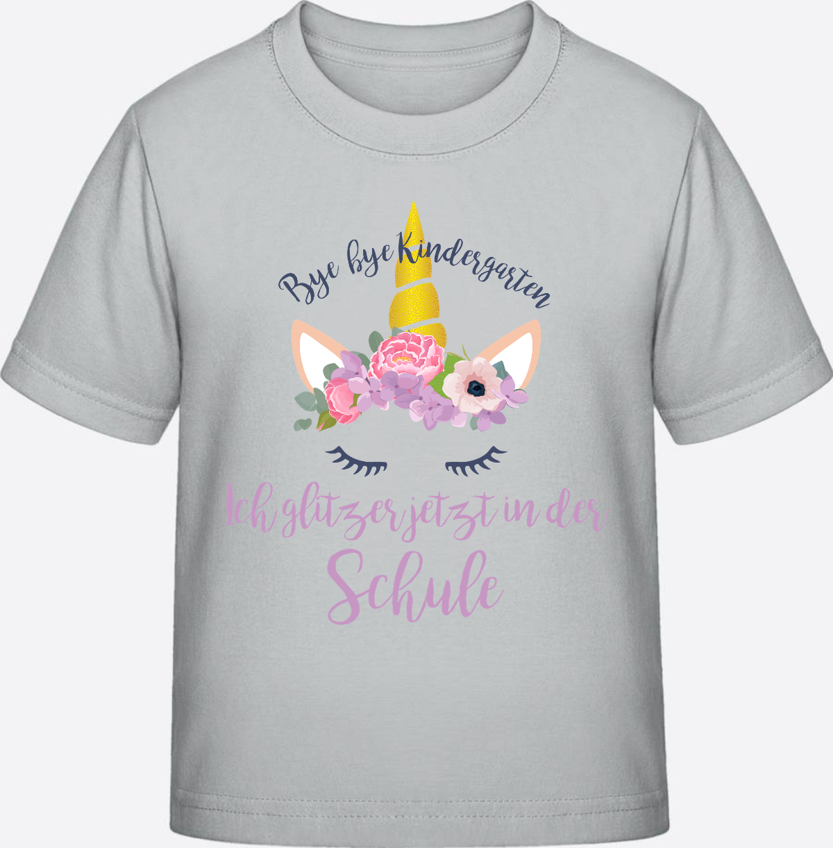 T-Shirt Einschulung Blumen: Bye Bye Kindergarten, ich glitzer! - Pacific Grey