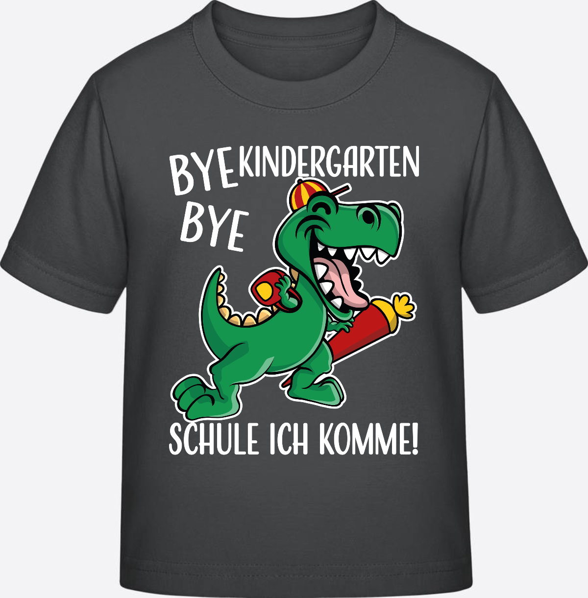 T-Shirt Einschulung: Bye Bye Kindergarten Dino mit Name - Anthracite