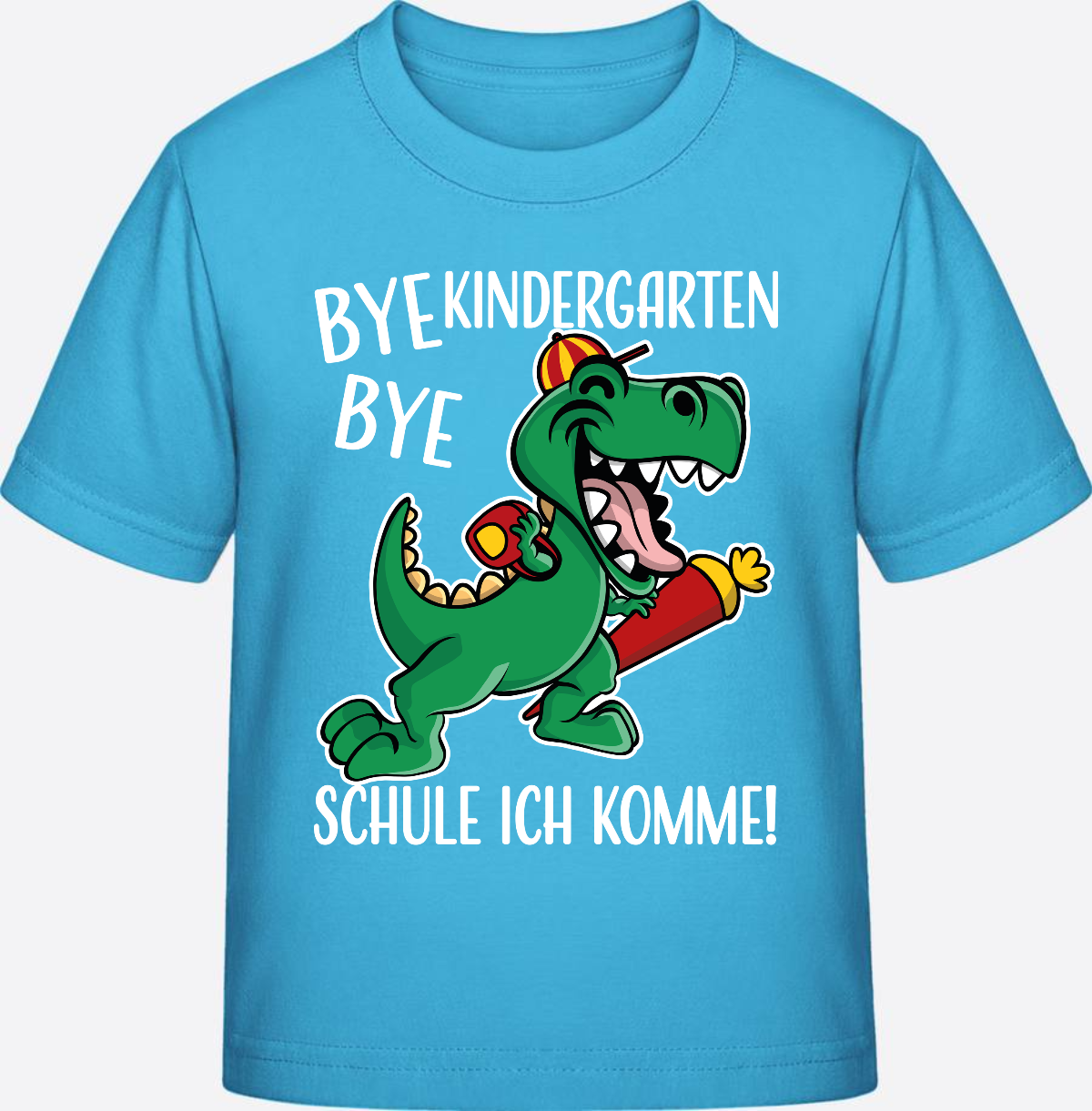 T-Shirt Einschulung: Bye Bye Kindergarten Dino mit Name - Aqua Blue