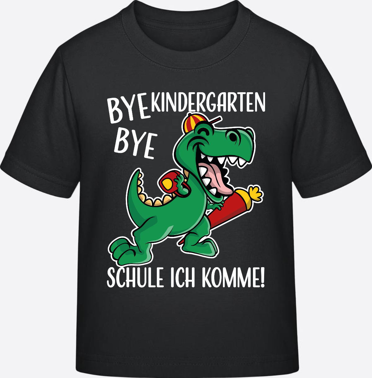 T-Shirt Einschulung: Bye Bye Kindergarten Dino mit Name - Black