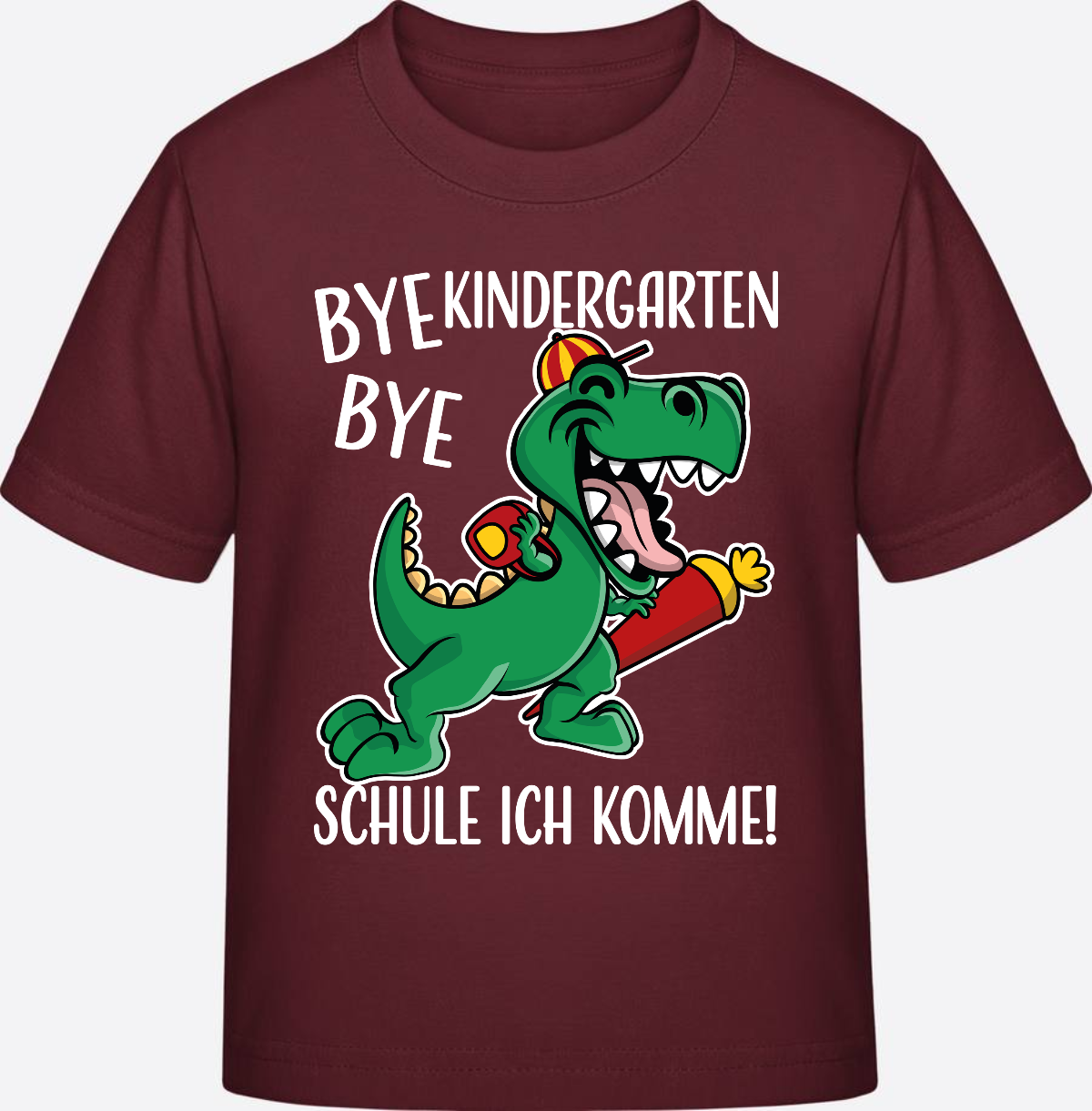 T-Shirt Einschulung: Bye Bye Kindergarten Dino mit Name - Burgundy