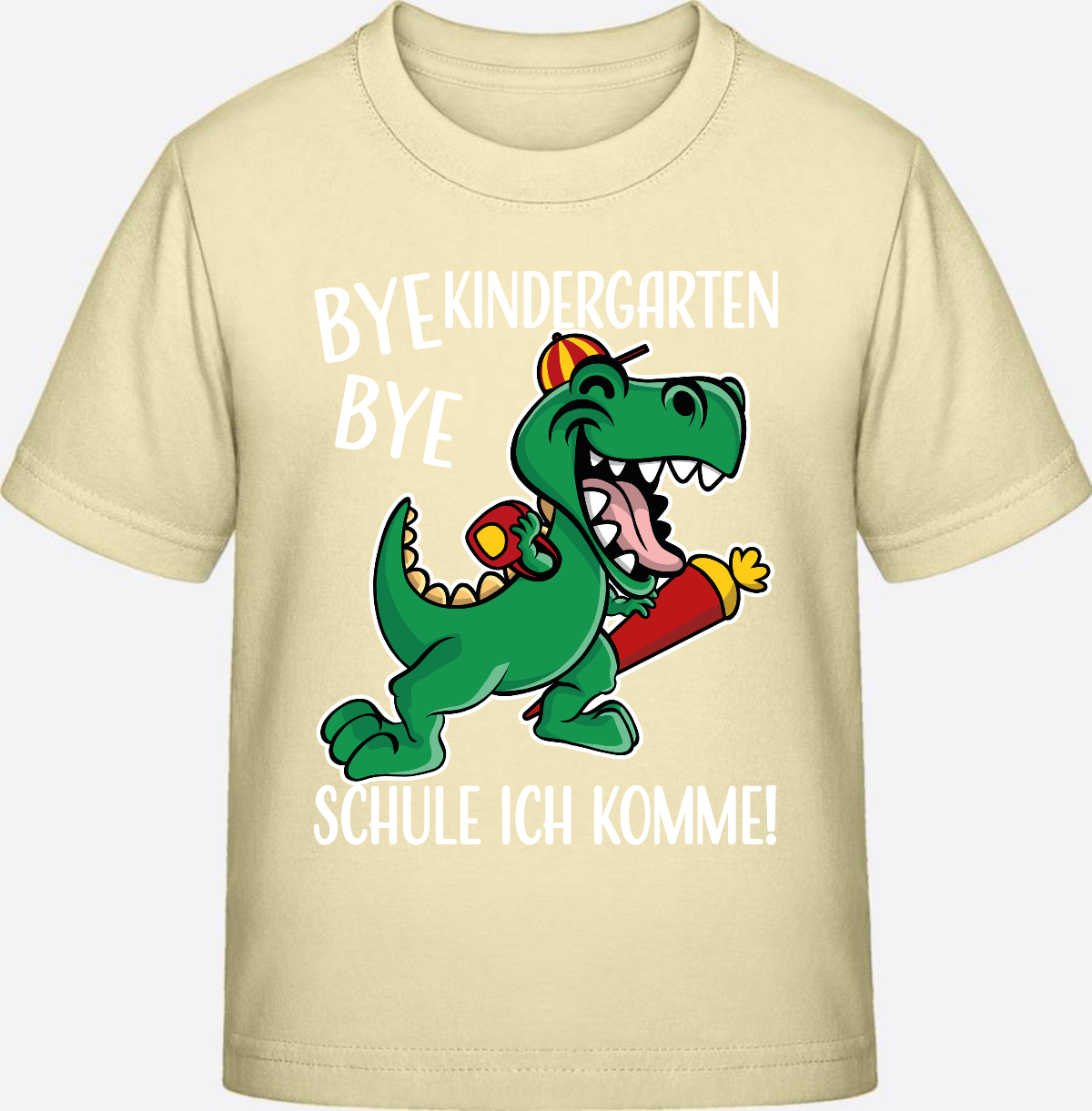 T-Shirt Einschulung: Bye Bye Kindergarten Dino mit Name - Butter