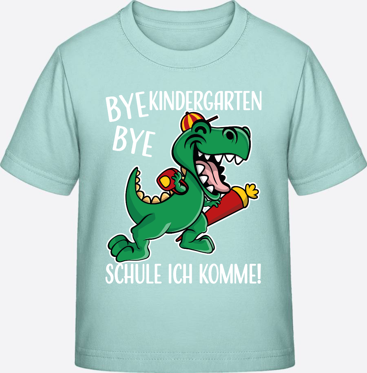 T-Shirt Einschulung: Bye Bye Kindergarten Dino mit Name - Caribbean Blue