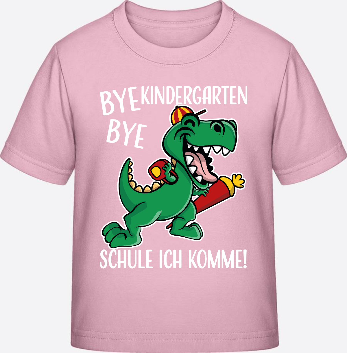 T-Shirt Einschulung: Bye Bye Kindergarten Dino mit Name - Cotton Pink