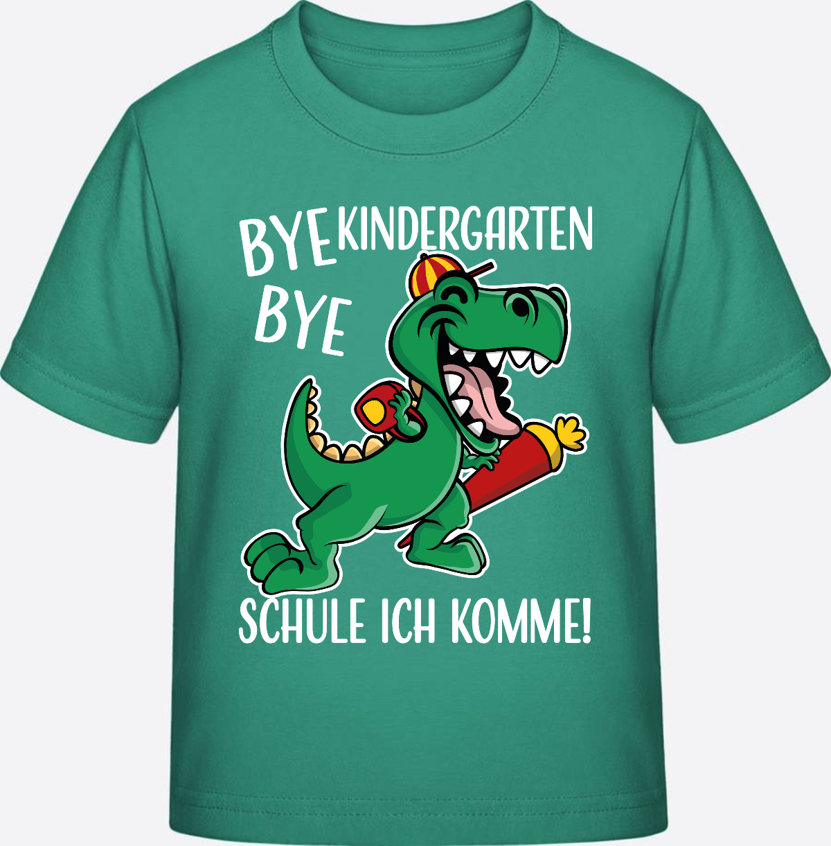 T-Shirt Einschulung: Bye Bye Kindergarten Dino mit Name - Go Green
