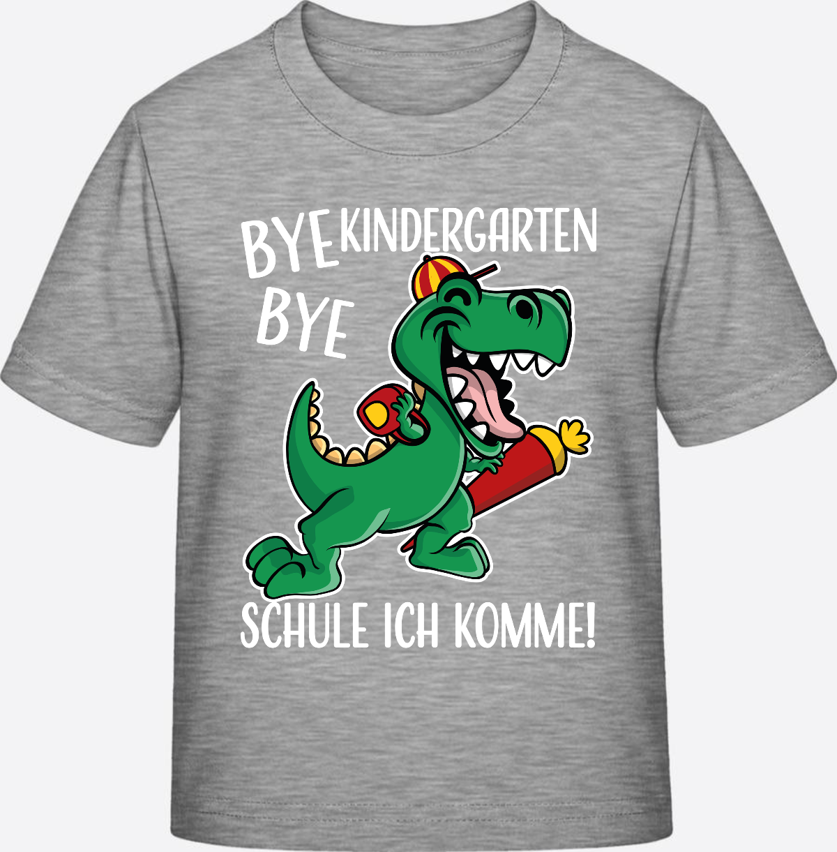 T-Shirt Einschulung: Bye Bye Kindergarten Dino mit Name - Heather Grey