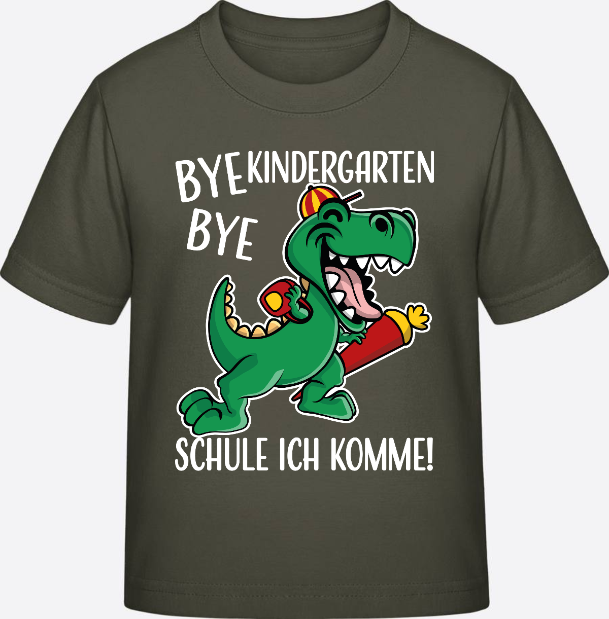 T-Shirt Einschulung: Bye Bye Kindergarten Dino mit Name - Khaki