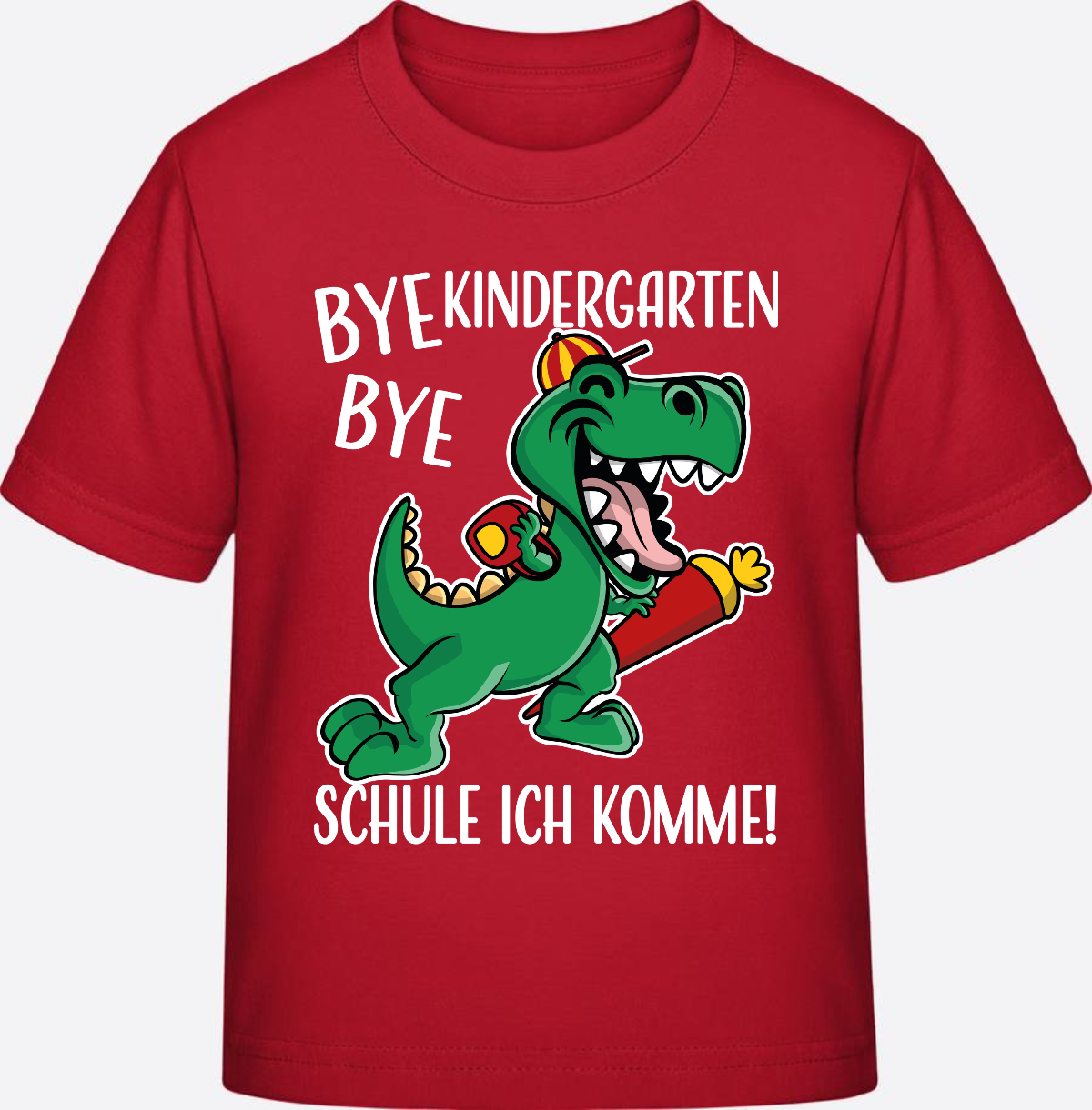 T-Shirt Einschulung: Bye Bye Kindergarten Dino mit Name - Red